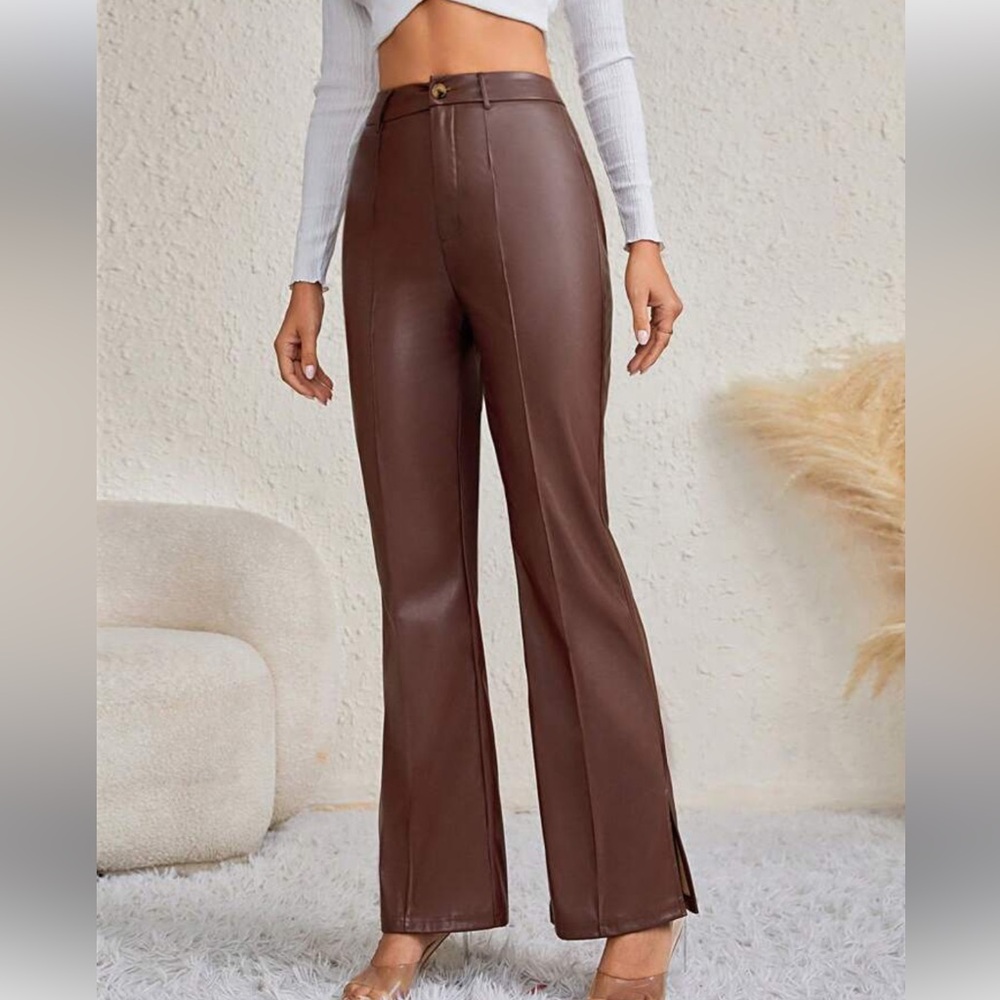 SHEIN Brown Faux Leather Flare Pants - Picture 2 of 8